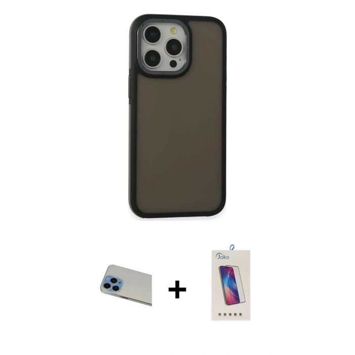 MARSİLYAN™- iPhone 13 Pro Max Kılıf Eksen Işık - Siyah Joko 5D Cam + Rainbow Kamera Lens Koruma Cam - MI