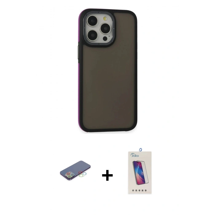MARSİLYAN™- iPhone 13 Pro Max Kılıf Eksen Işık - Siyah Joko 5D Cam + Renkli Kamera Lens Koruma Cam - MI