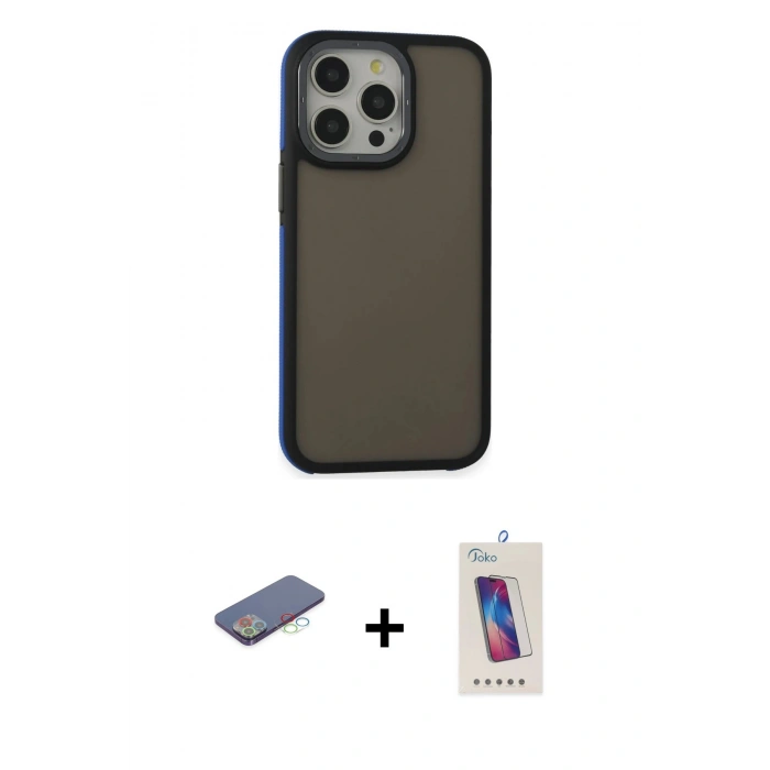 MARSİLYAN™- iPhone 13 Pro Max Kılıf Eksen Işık - Siyah Joko 5D Cam + Renkli Kamera Lens Koruma Cam - MI