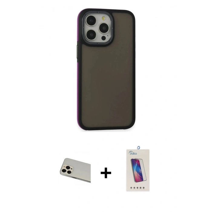 MARSİLYAN™- iPhone 13 Pro Max Kılıf Eksen Işık - Siyah Joko 5D Cam + Rainbow Kamera Lens Koruma Cam - REGD