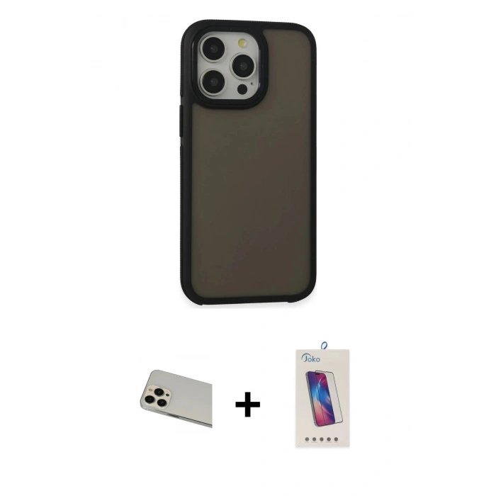 MARSİLYAN™- iPhone 13 Pro Max Kılıf Eksen Işık - Siyah Joko 5D Cam + Rainbow Kamera Lens Koruma Cam - REGD