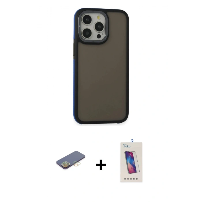 MARSİLYAN™- iPhone 13 Pro Max Kılıf Eksen Işık - Siyah Joko 5D Cam + Renkli Kamera Lens Koruma Cam - SI