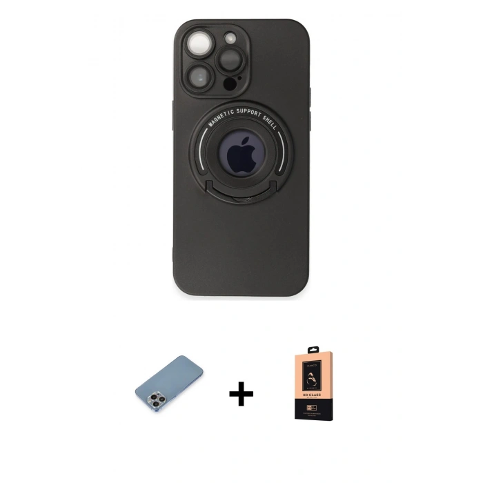 MARSİLYAN™- iPhone 13 Pro Max Kılıf Eksen Klasik Prime - Şeffaf Maxco Cam Ekran Koruyucu + Gökkuşağı Shine Kamera Lens Koruma Cam