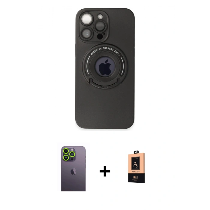 MARSİLYAN™- iPhone 13 Pro Max Kılıf Eksen Klasik Prime - Şeffaf Maxco Cam Ekran Koruyucu + Yeşil Neon Fosforlu Kamera Lens