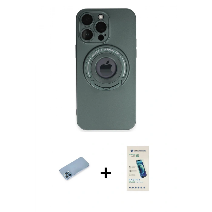 MARSİLYAN™- iPhone 13 Pro Max Kılıf Eksen Klasik Prime - Şeffaf Pasifik Cam Ekran Koruyucu + Mavi Shine Kamera Lens Koruma Cam