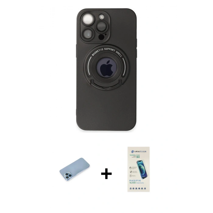 MARSİLYAN™- iPhone 13 Pro Max Kılıf Eksen Klasik Prime - Şeffaf Pasifik Cam Ekran Koruyucu + Mavi Shine Kamera Lens Koruma Cam