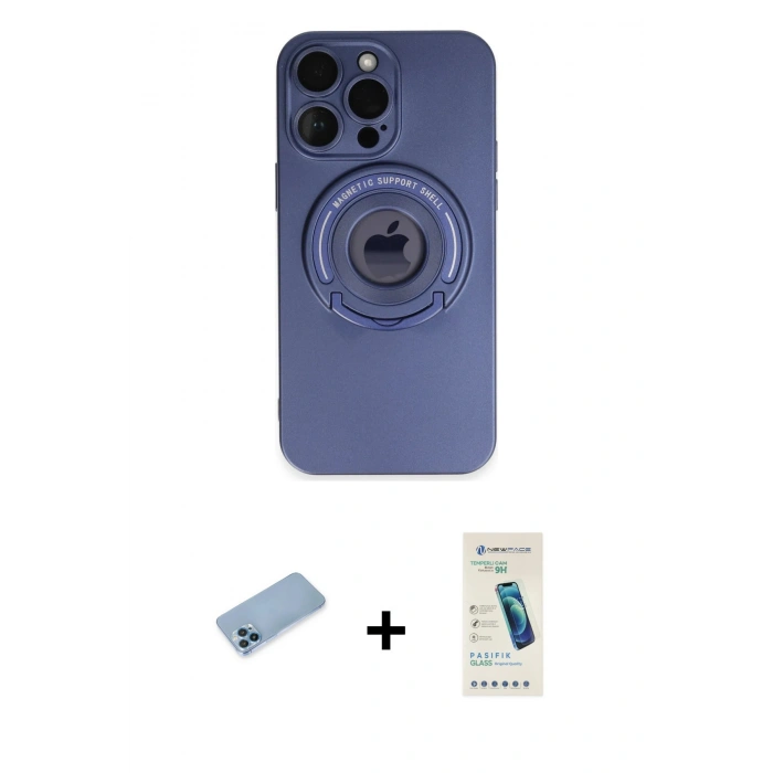 MARSİLYAN™- iPhone 13 Pro Max Kılıf Eksen Klasik Prime - Şeffaf Pasifik Cam Ekran Koruyucu + Mavi Shine Kamera Lens Koruma Cam