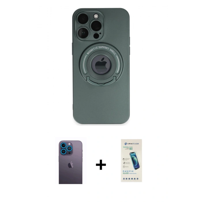 MARSİLYAN™- iPhone 13 Pro Max Kılıf Eksen Klasik Prime - Şeffaf Pasifik Cam Ekran Koruyucu + Neon Fosforlu Kamera Lens - MI