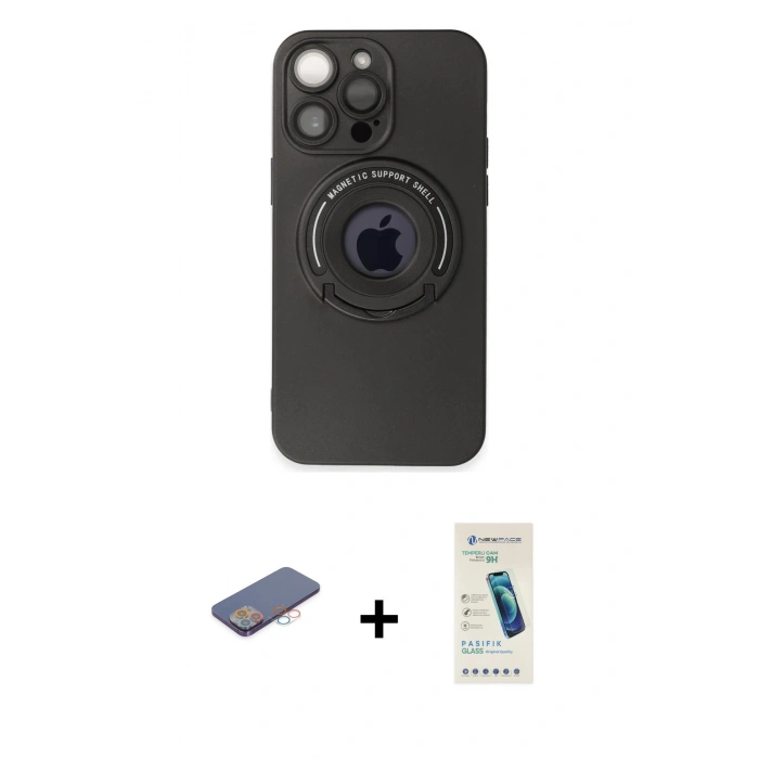 MARSİLYAN™- iPhone 13 Pro Max Kılıf Eksen Klasik Prime - Şeffaf Pasifik Cam Ekran Koruyucu + Pembe Renkli Kamera Lens Koruma Cam