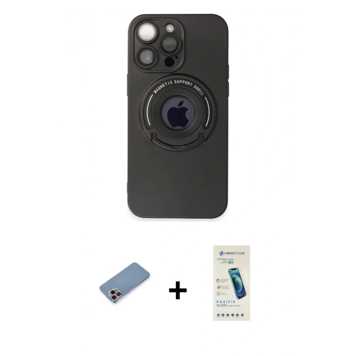 MARSİLYAN™- iPhone 13 Pro Max Kılıf Eksen Klasik Prime - Şeffaf Pasifik Cam Ekran Koruyucu + Shine Kamera Lens Koruma Cam - PE