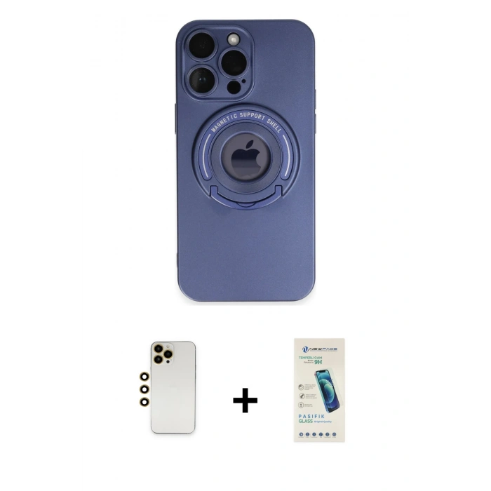 MARSİLYAN™- iPhone 13 Pro Max Kılıf Eksen Klasik Prime - Şeffaf Pasifik Cam Ekran Koruyucu + Shine Kamera Lens - GD