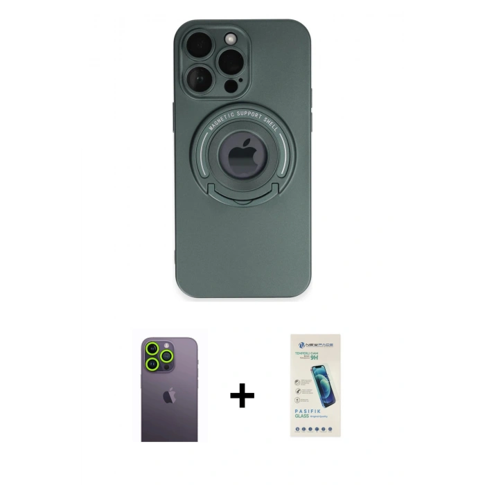 MARSİLYAN™- iPhone 13 Pro Max Kılıf Eksen Klasik Prime - Şeffaf Pasifik Cam Ekran Koruyucu + Yeşil Neon Fosforlu Kamera Lens
