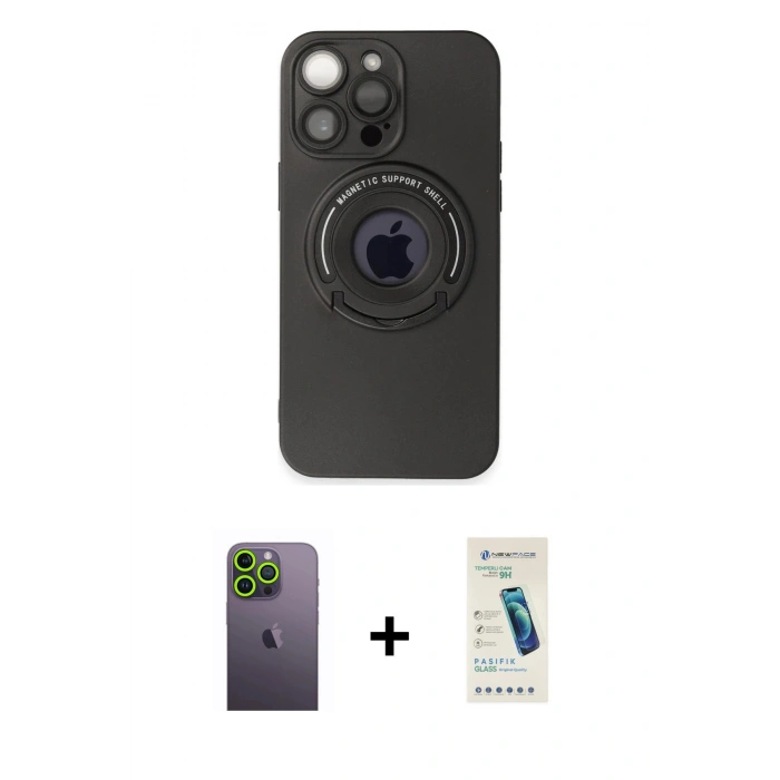 MARSİLYAN™- iPhone 13 Pro Max Kılıf Eksen Klasik Prime - Şeffaf Pasifik Cam Ekran Koruyucu + Yeşil Neon Fosforlu Kamera Lens