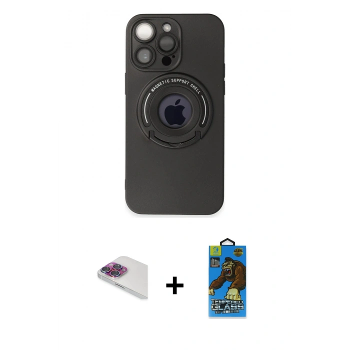 MARSİLYAN™- iPhone 13 Pro Max Kılıf Eksen Klasik Prime - Siyah 18D Cam Ekran Koruyucu + Pers Alüminyum Kamera Lens - GI