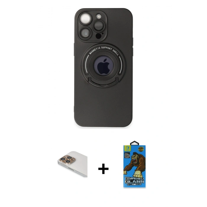 MARSİLYAN™- iPhone 13 Pro Max Kılıf Eksen Klasik Prime - Siyah 18D Cam Ekran Koruyucu + Pers Alüminyum Kamera Lens - GD