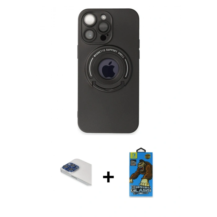 MARSİLYAN™- iPhone 13 Pro Max Kılıf Eksen Klasik Prime - Siyah 18D Cam Ekran Koruyucu + Pers Alüminyum Kamera Lens - LT