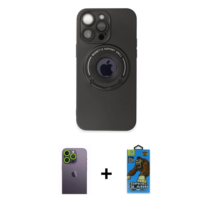 MARSİLYAN™- iPhone 13 Pro Max Kılıf Eksen Klasik Prime - Siyah 18D Cam Ekran Koruyucu + Neon Fosforlu Kamera Lens - YL
