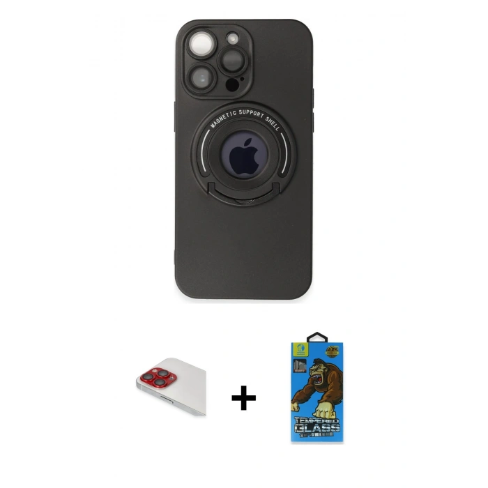 MARSİLYAN™- iPhone 13 Pro Max Kılıf Eksen Klasik Prime - Siyah 18D Cam Ekran Koruyucu + Pers Alüminyum Kamera Lens - KI