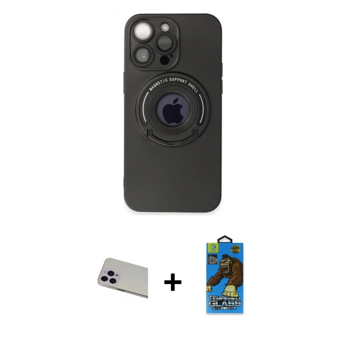 MARSİLYAN™- iPhone 13 Pro Max Kılıf Eksen Klasik Prime - Siyah 18D Cam Ekran Koruyucu + Rainbow Kamera Lens Koruma Cam - MR