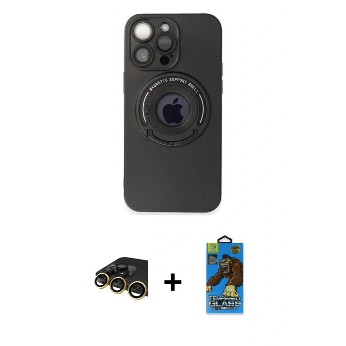 MARSİLYAN™- iPhone 13 Pro Max Kılıf Eksen Klasik Prime - Siyah 18D Cam Ekran Koruyucu + Raze Metal Kamera Lens - GD