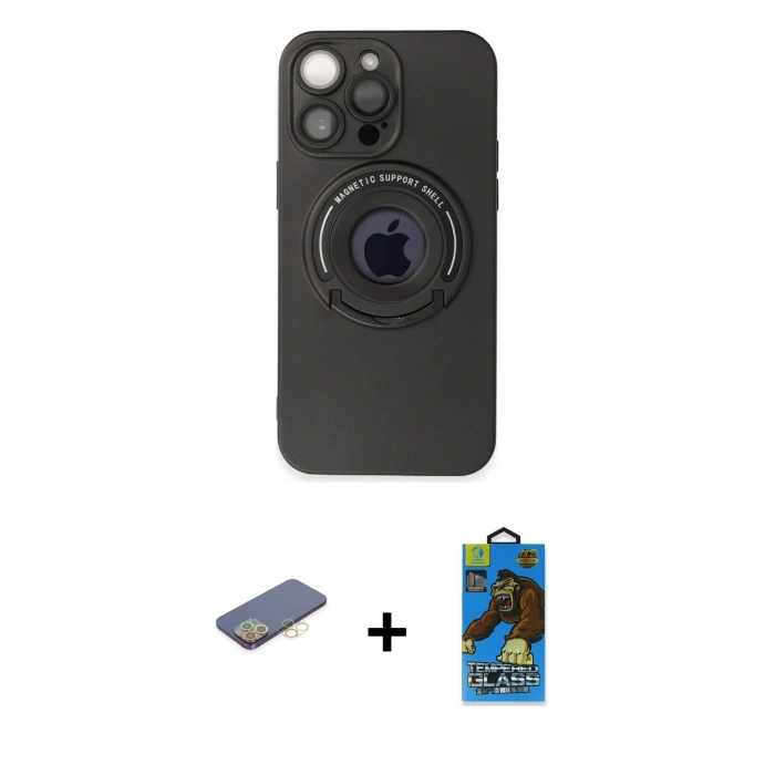 MARSİLYAN™- iPhone 13 Pro Max Kılıf Eksen Klasik Prime - Siyah 18D Cam Ekran Koruyucu + Renkli Kamera Lens Koruma Cam - SI