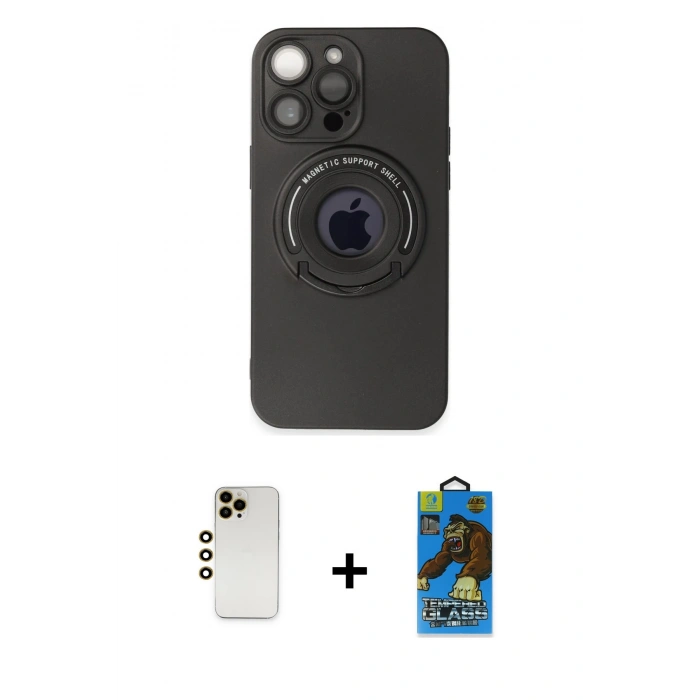 MARSİLYAN™- iPhone 13 Pro Max Kılıf Eksen Klasik Prime - Siyah 18D Cam Ekran Koruyucu + Shine Kamera Lens - GD