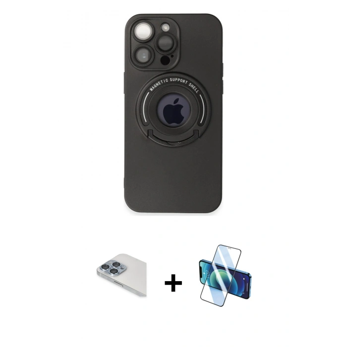 MARSİLYAN™- iPhone 13 Pro Max Kılıf Eksen Klasik Prime - Siyah 3D Antistatik Cam Ekran Koruyucu + Pers Alüminyum Kamera Lens - SABE