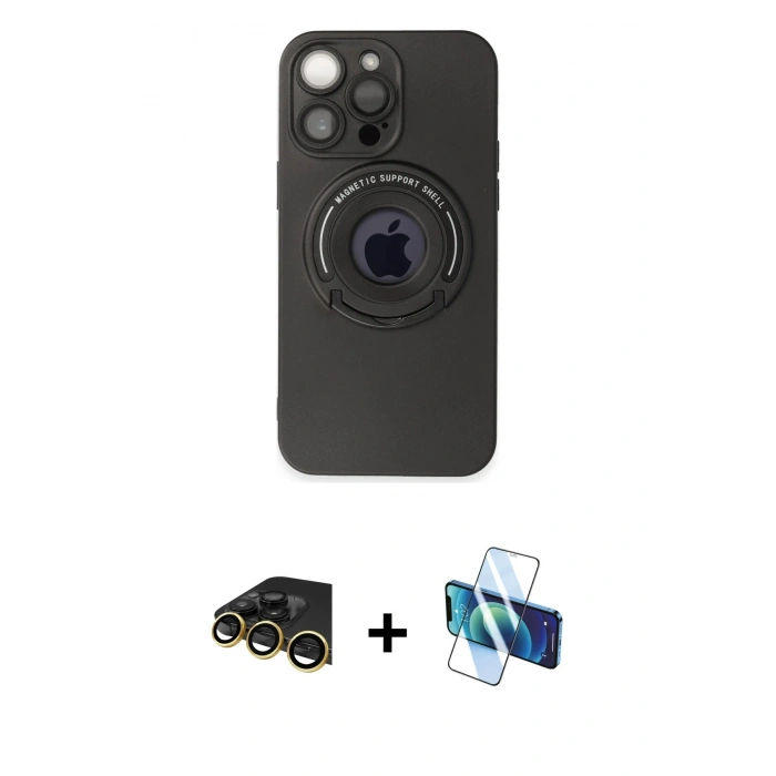 MARSİLYAN™- iPhone 13 Pro Max Kılıf Eksen Klasik Prime - Siyah 3D Antistatik Cam Ekran Koruyucu + Raze Metal Kamera Lens - GD