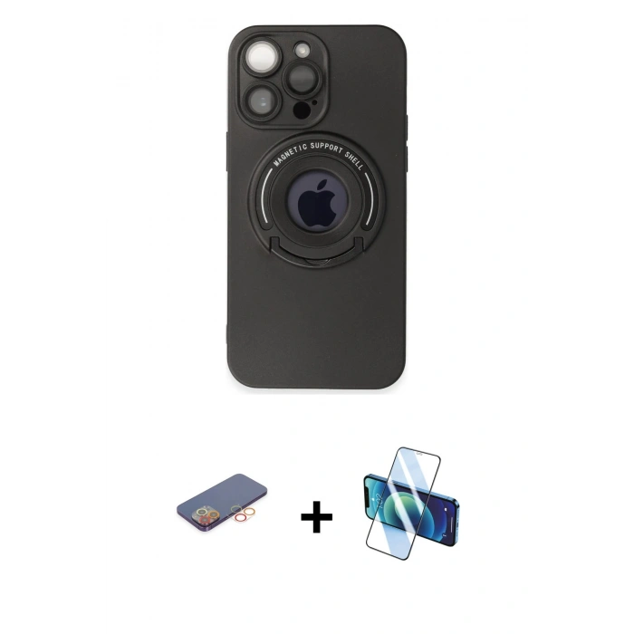 MARSİLYAN™- iPhone 13 Pro Max Kılıf Eksen Klasik Prime - Siyah 3D Antistatik Cam Ekran Koruyucu + Renkli Kamera Lens Koruma Cam - TU