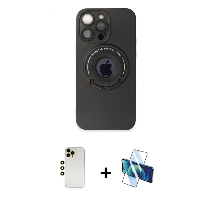 MARSİLYAN™- iPhone 13 Pro Max Kılıf Eksen Klasik Prime - Siyah 3D Antistatik Cam Ekran Koruyucu + Shine Kamera Lens - GD