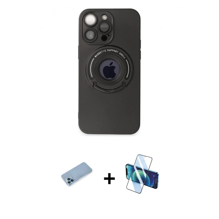 MARSİLYAN™- iPhone 13 Pro Max Kılıf Eksen Klasik Prime - Siyah 3D Antistatik Cam Ekran Koruyucu + Shine Kamera Lens Koruma Cam - MI