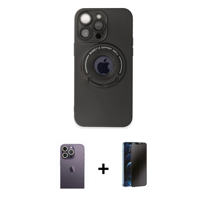 MARSİLYAN™- iPhone 13 Pro Max Kılıf Eksen Klasik Prime - Siyah 3D Antistatik Hayalet Cam Ekran Koruyucu + Neon Fosforlu Kamera Lens - BZ