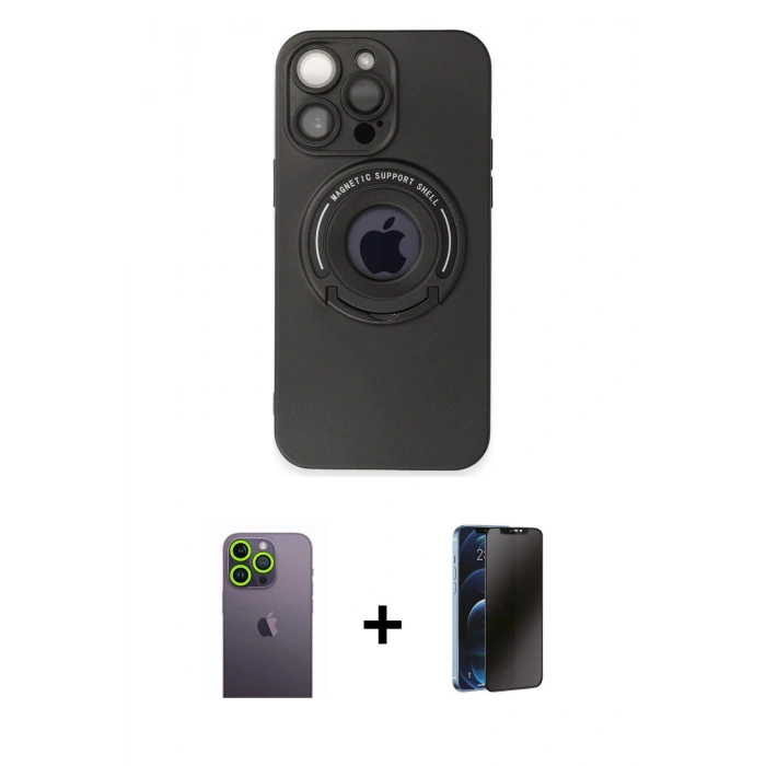 MARSİLYAN™- iPhone 13 Pro Max Kılıf Eksen Klasik Prime - Siyah 3D Antistatik Hayalet Cam Ekran Koruyucu + Neon Fosforlu Kamera Lens - YL