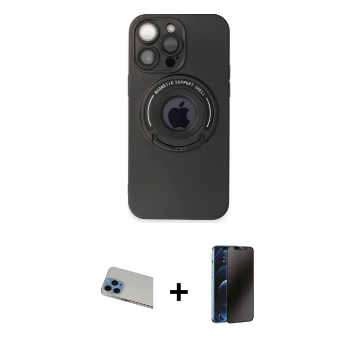 MARSİLYAN™- iPhone 13 Pro Max Kılıf Eksen Klasik Prime - Siyah 3D Antistatik Hayalet Cam Ekran Koruyucu + Rainbow Kamera Lens Koruma Cam - MI