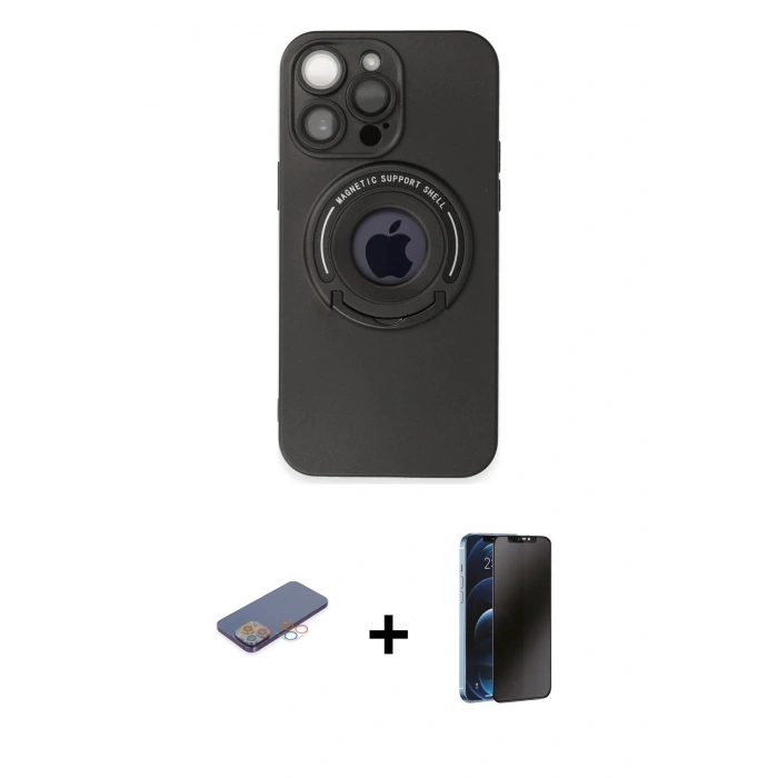 MARSİLYAN™- iPhone 13 Pro Max Kılıf Eksen Klasik Prime - Siyah 3D Antistatik Hayalet Cam Ekran Koruyucu + Renkli Kamera Lens Koruma Cam - PE