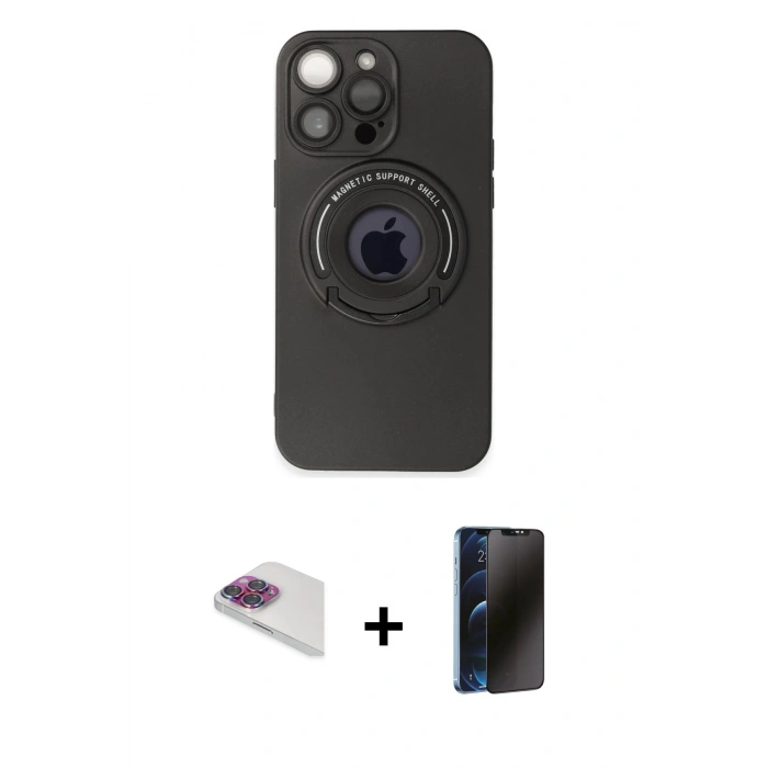MARSİLYAN™- iPhone 13 Pro Max Kılıf Eksen Klasik Prime - Siyah 3D Antistatik Hayalet Cam Ekran Koruyucu + Pers Alüminyum Kamera Lens - GI