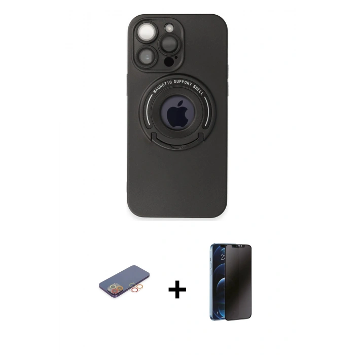 MARSİLYAN™- iPhone 13 Pro Max Kılıf Eksen Klasik Prime - Siyah 3D Antistatik Hayalet Cam Ekran Koruyucu + Renkli Kamera Lens Koruma Cam - TU