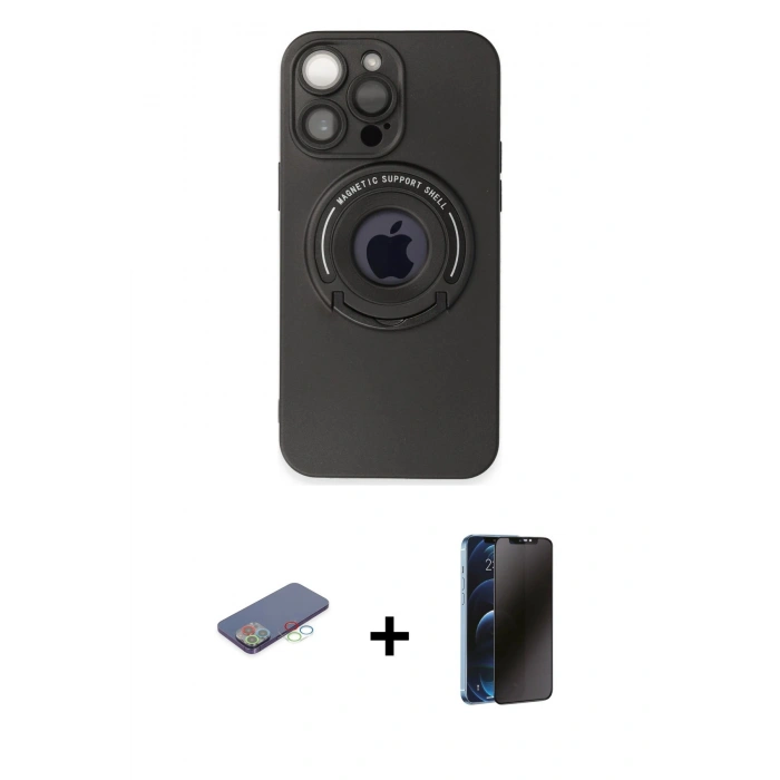 MARSİLYAN™- iPhone 13 Pro Max Kılıf Eksen Klasik Prime - Siyah 3D Antistatik Hayalet Cam Ekran Koruyucu + Mavi Renkli Kamera Lens Koruma Cam