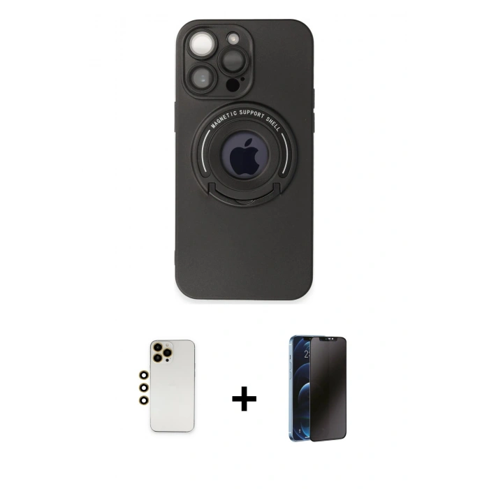MARSİLYAN™- iPhone 13 Pro Max Kılıf Eksen Klasik Prime - Siyah 3D Antistatik Hayalet Cam Ekran Koruyucu + Shine Kamera Lens - GD