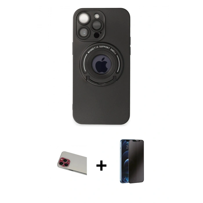 MARSİLYAN™- iPhone 13 Pro Max Kılıf Eksen Klasik Prime - Siyah 3D Antistatik Hayalet Cam Ekran Koruyucu + Rainbow Kamera Lens Koruma Cam - KI