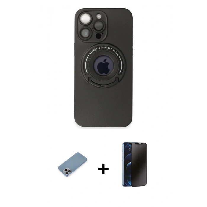 MARSİLYAN™- iPhone 13 Pro Max Kılıf Eksen Klasik Prime - Siyah 3D Antistatik Hayalet Cam Ekran Koruyucu + Shine Kamera Lens Koruma Cam - GI