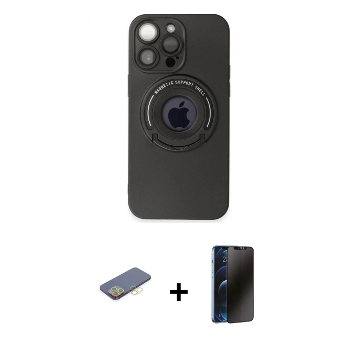 MARSİLYAN™- iPhone 13 Pro Max Kılıf Eksen Klasik Prime - Siyah 3D Antistatik Hayalet Cam Ekran Koruyucu + Renkli Kamera Lens Koruma Cam - SI