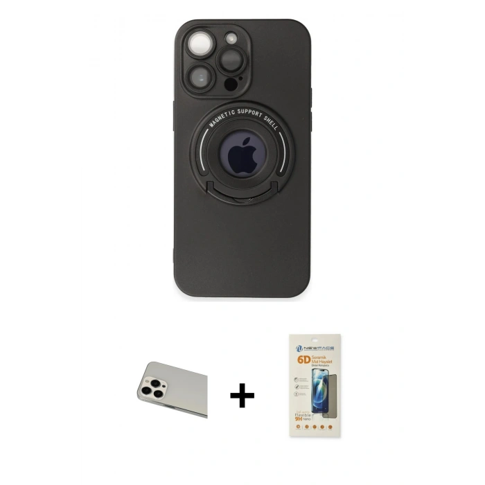MARSİLYAN™- iPhone 13 Pro Max Kılıf Eksen Klasik Prime - Siyah 6D Mat Seramik Hayalet Nano Ekran Koruyucu + Rainbow Kamera Lens Koruma Cam - BZ