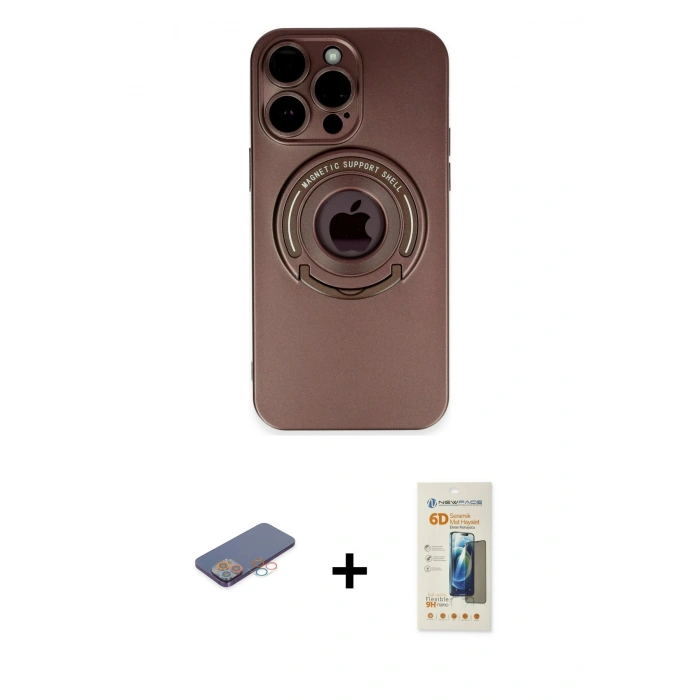 MARSİLYAN™- iPhone 13 Pro Max Kılıf Eksen Klasik Prime - Siyah 6D Mat Seramik Hayalet Nano Ekran Koruyucu + Pembe Renkli Kamera Lens Koruma Cam