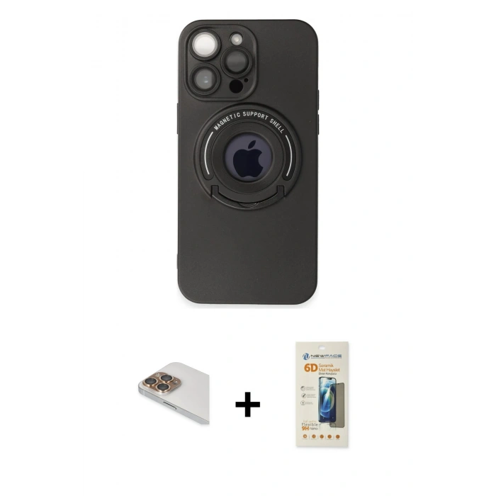 MARSİLYAN™- iPhone 13 Pro Max Kılıf Eksen Klasik Prime - Siyah 6D Mat Seramik Hayalet Nano Ekran Koruyucu + Pers Alüminyum Kamera Lens - GD