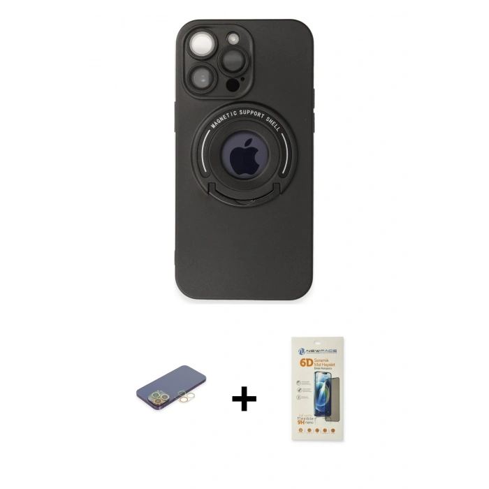 MARSİLYAN™- iPhone 13 Pro Max Kılıf Eksen Klasik Prime - Siyah 6D Mat Seramik Hayalet Nano Ekran Koruyucu + Renkli Kamera Lens Koruma Cam - SI
