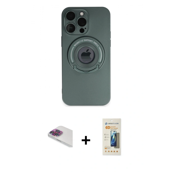 MARSİLYAN™- iPhone 13 Pro Max Kılıf Eksen Klasik Prime - Siyah 6D Mat Seramik Hayalet Nano Ekran Koruyucu + Pers Alüminyum Kamera Lens - GI