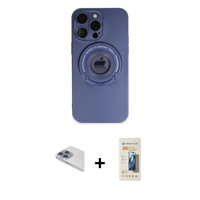 MARSİLYAN™- iPhone 13 Pro Max Kılıf Eksen Klasik Prime - Siyah 6D Mat Seramik Hayalet Nano Ekran Koruyucu + Sierra Blue Pers Alüminyum Kamera Lens