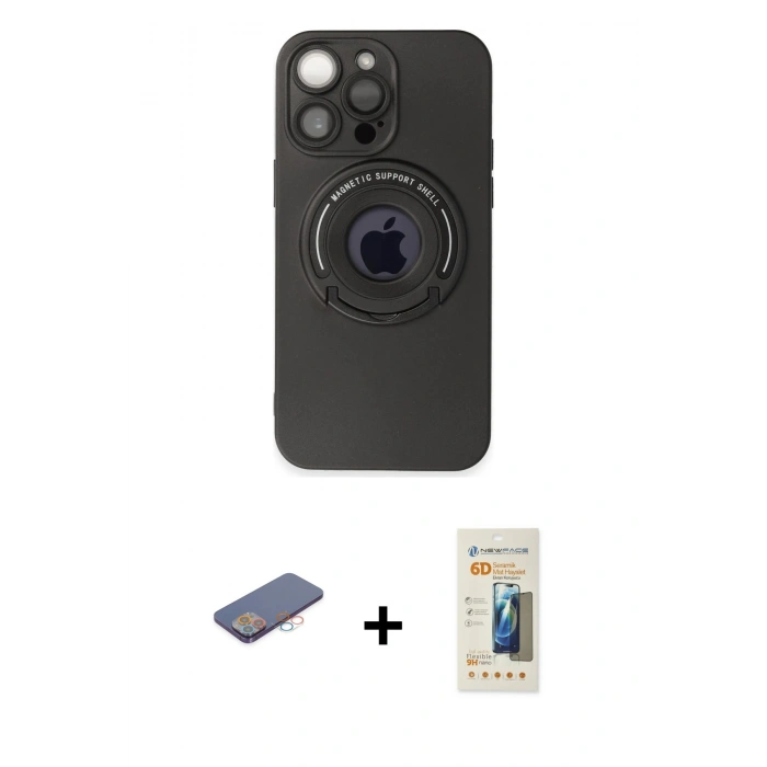 MARSİLYAN™- iPhone 13 Pro Max Kılıf Eksen Klasik Prime - Siyah 6D Mat Seramik Hayalet Nano Ekran Koruyucu + Pembe Renkli Kamera Lens Koruma Cam