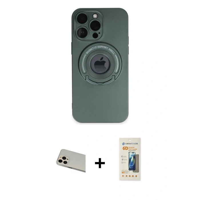 MARSİLYAN™- iPhone 13 Pro Max Kılıf Eksen Klasik Prime - Siyah 6D Mat Seramik Hayalet Nano Ekran Koruyucu + Rose Gold Rainbow Kamera Lens Koruma Cam